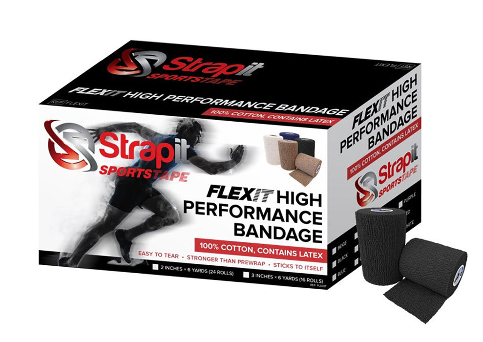 Strapit Flex3Blk Sportstape, Flexit High Performance Bandage, 3 In X 6 Yrd Roll, Case Of 16 Rolls, Black