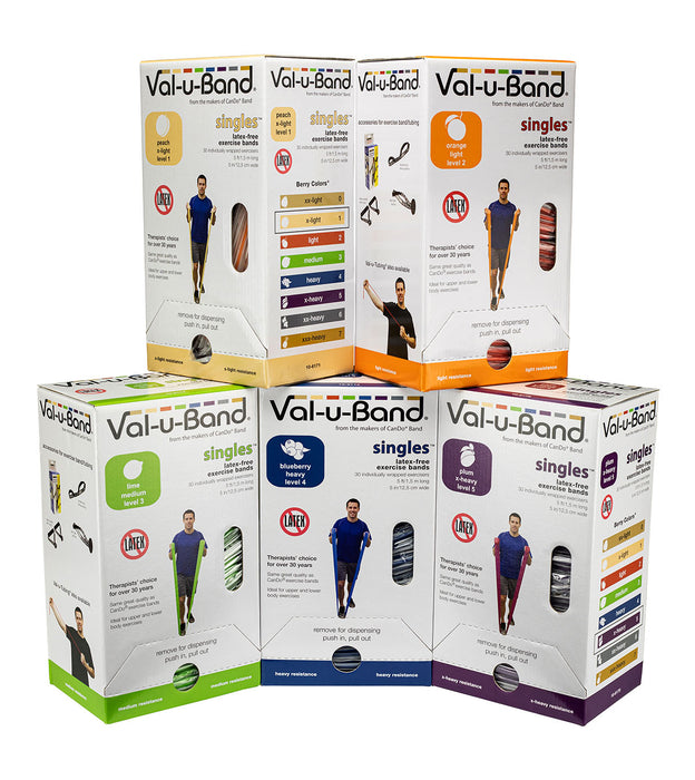 Val-u-Band 10-6178 Resistance Bands, Pre-Cut Strip, 5', 5 Cases Of 30 Units Each, Peach, Orange, Lime, Blueberry, Plum, Latex-Free