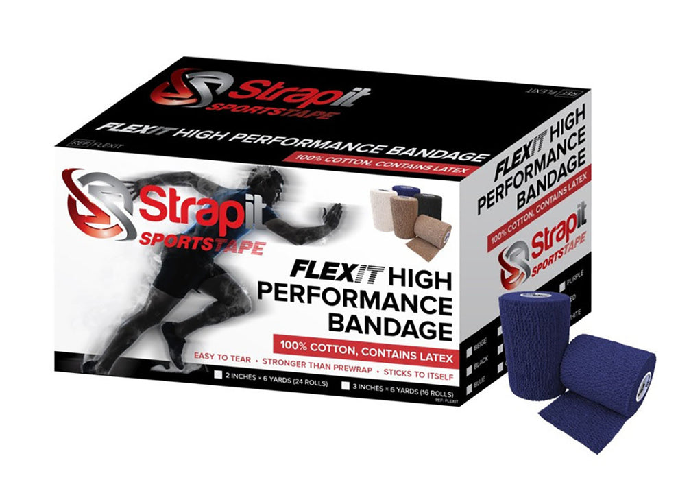 Strapit Flex3NBlu Sportstape, Flexit High Performance Bandage, 3 In X 6 Yrd Roll, Case Of 16 Rolls, Navy Blue
