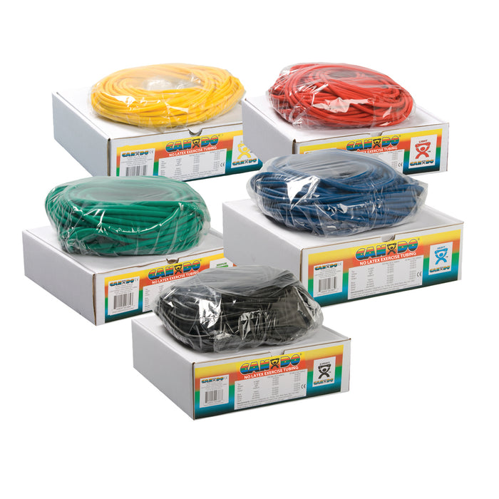 CanDo 10-5729 Latex Free Exercise Tubing - 100' Dispenser Rolls, 5-Piece Set (1 Each: Yellow, Red, Green, Blue, Black)