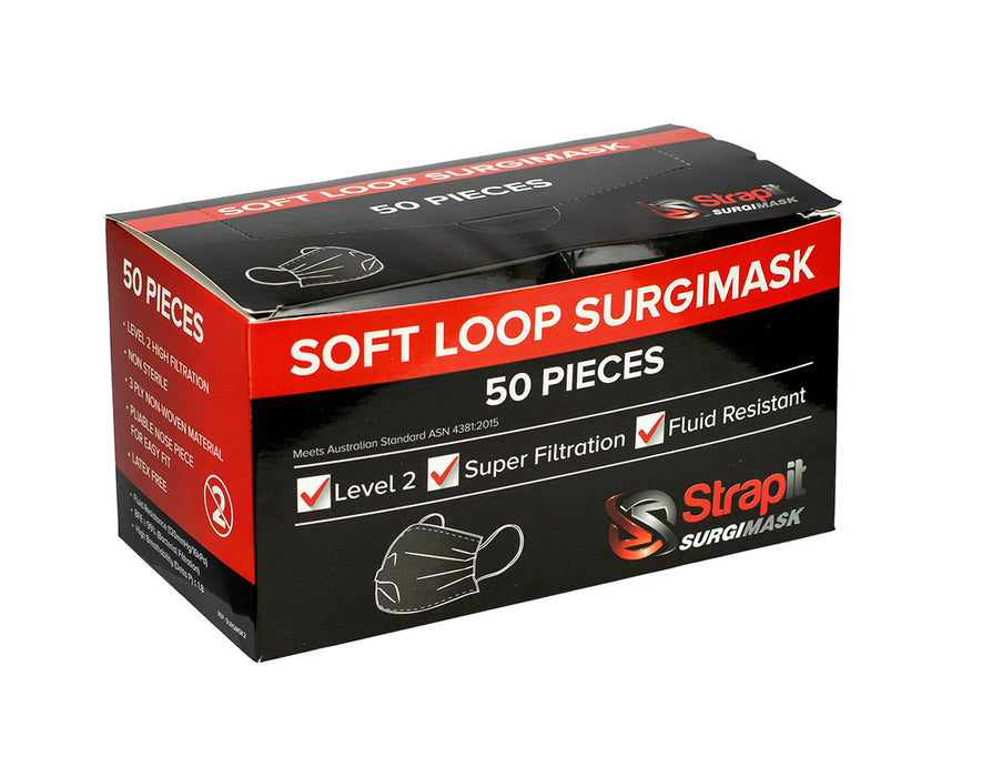 Strapit 70-0663-50 Surgimask Face Masks, 3 Ply Disposable With Ear Loops, Astm Level 2, Box Of 50