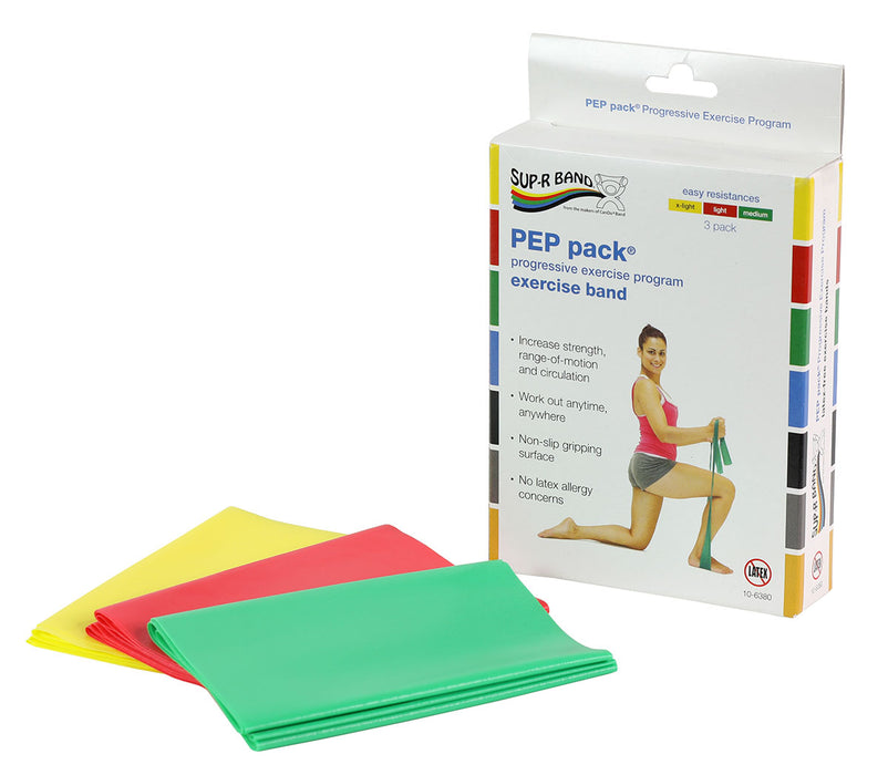 Sup-R Band 10-6380 Latex Free Exercise Band - Pep Pack, 3-Piece Set (1 Each: Yellow, Red, Green)