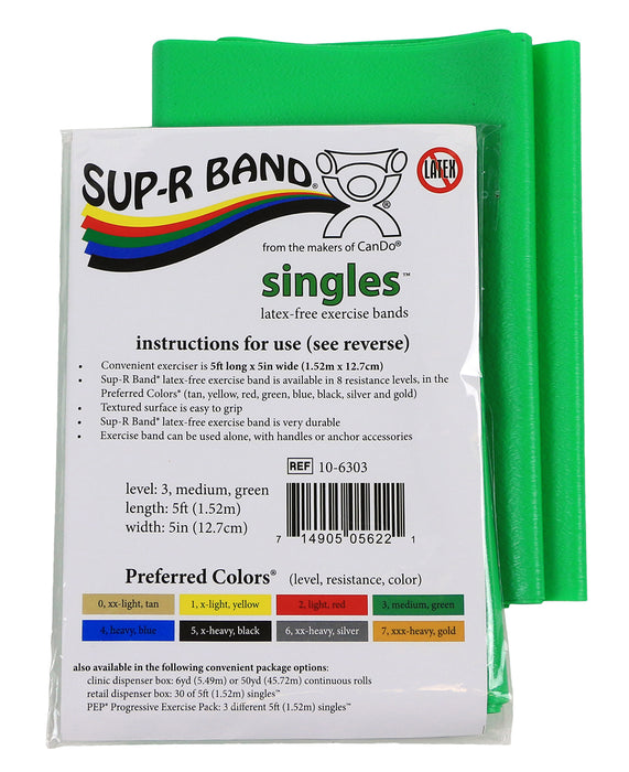 Sup-R Band 10-6303 Latex Free Exercise Band - 5 Foot Singles, Green - Medium