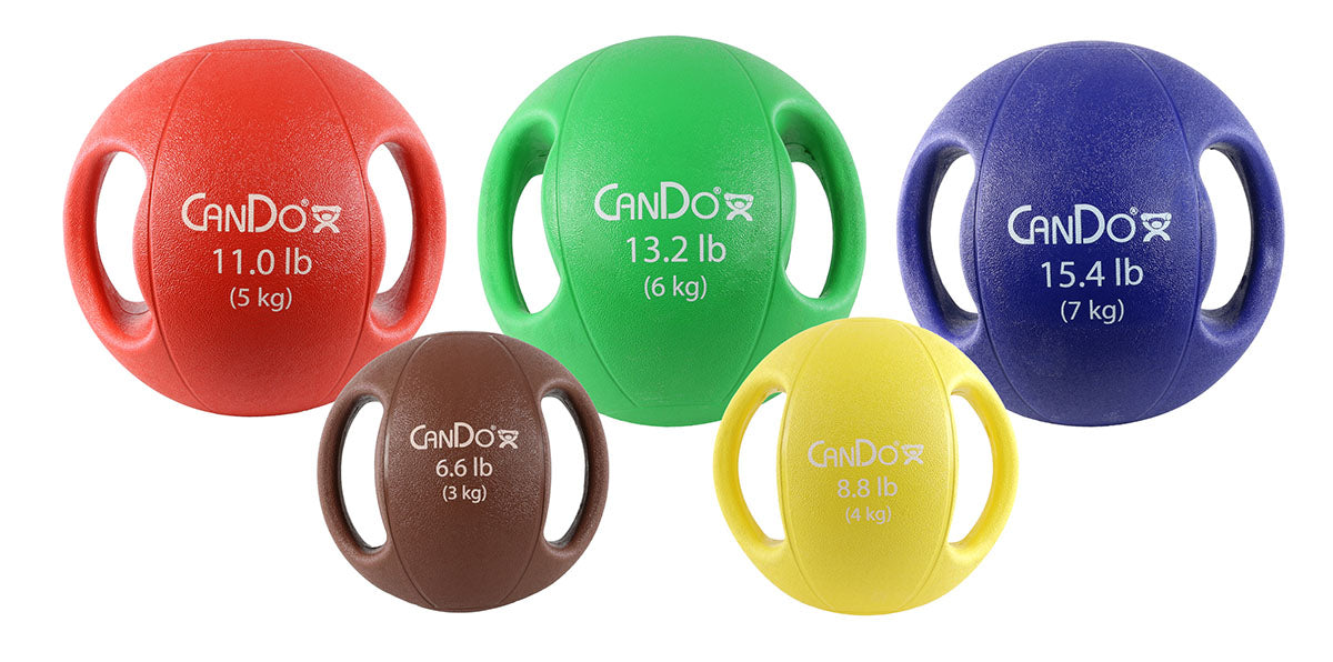 CanDo 10-3285 , Molded Dual Handle Medicine Ball, 5-Piece Set (1 Ea: Tan Through Blue)