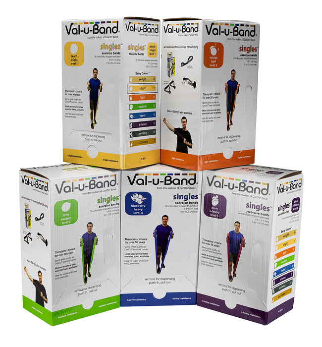 Val-u-Band 10-6278 Resistance Bands, Pre-Cut Strip, 5', 5 Cases Of 30 Units Each, Peach, Orange, Lime, Blueberry, Plum, Contains Latex