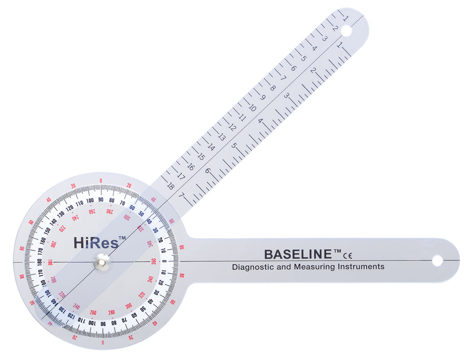 Baseline 12-1000HR-25 Plastic Goniometer - Hires 360 Degree Head - 12 Inch Arms, 25-Pack