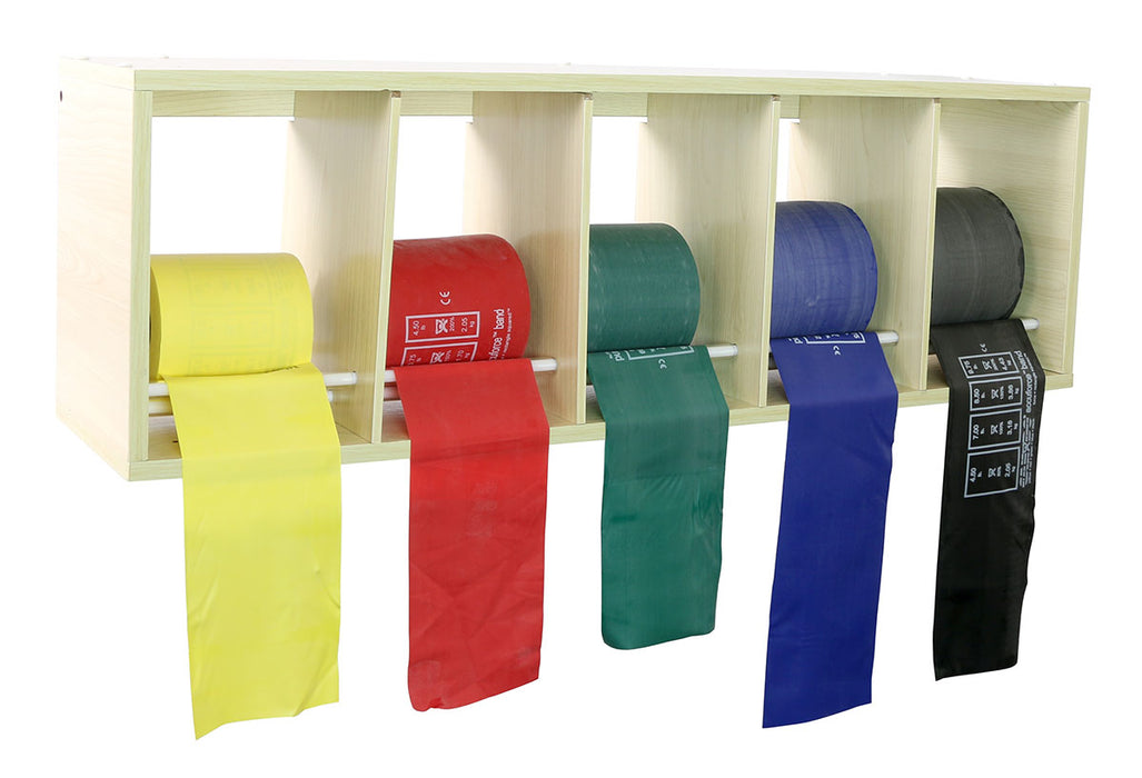 CanDo 10-5484 Exercise Band Rack, Plastic, 5 Rolls, Including: 5 X 50 Yard Accuforce Low Powder Set (Yellow, Red, Green, Blue, Black)