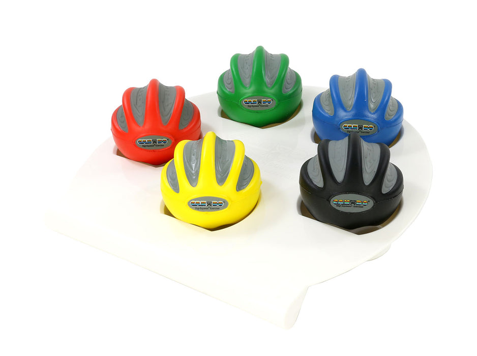 CanDo 10-1986 Digi-Squeeze Hand Exerciser - Medium - Set Of 5 Pieces (Yellow, Red, Green, Blue, Black), With Rack